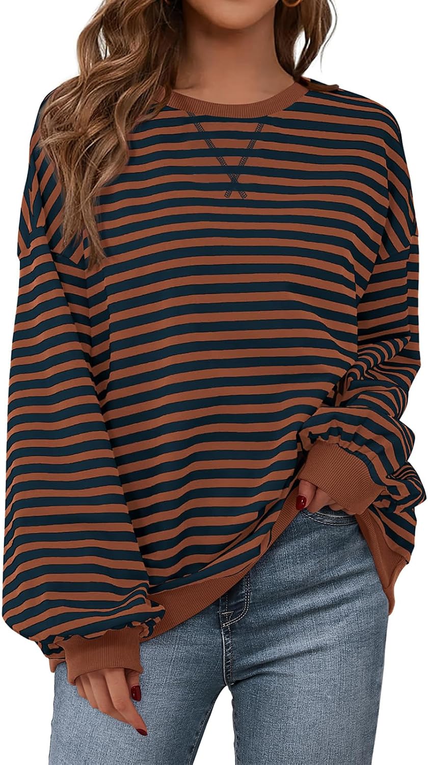 Womens Striped Oversized Sweatshirt Color Block Crew Neck Long Sleeve Casual Loose Pullover Top Y2K Clothes