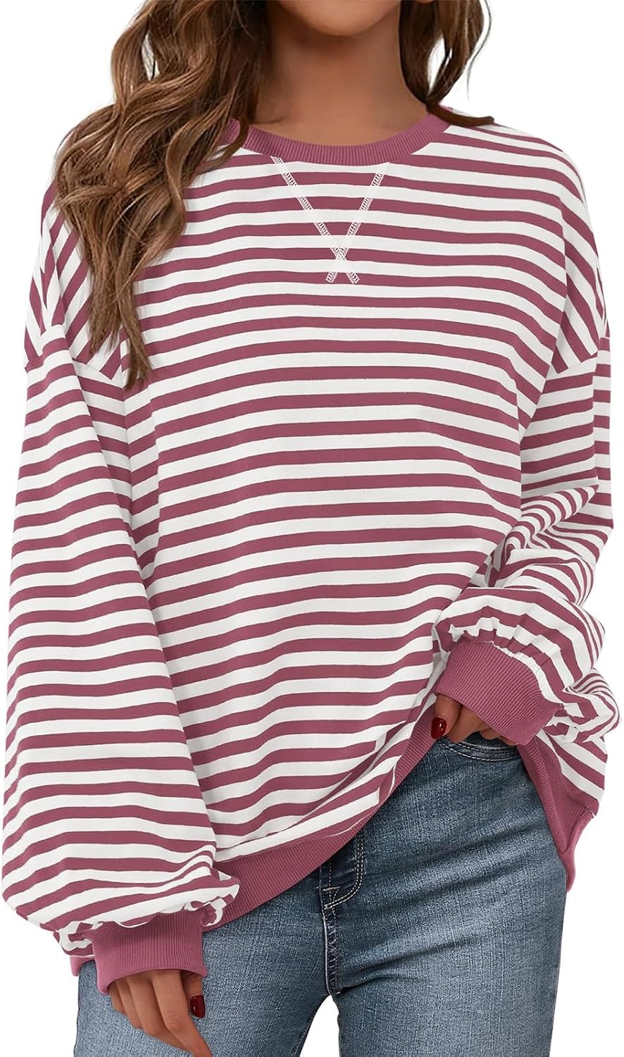 Womens Striped Oversized Sweatshirt Color Block Crew Neck Long Sleeve Casual Loose Pullover Top Y2K Clothes