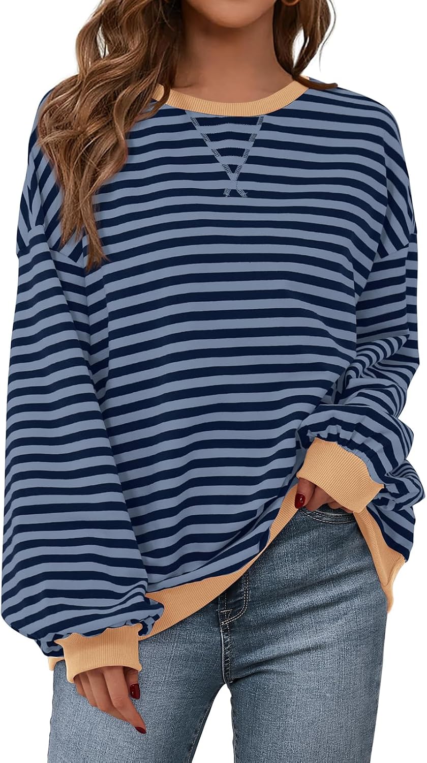 Womens Striped Oversized Sweatshirt Color Block Crew Neck Long Sleeve Casual Loose Pullover Top Y2K Clothes
