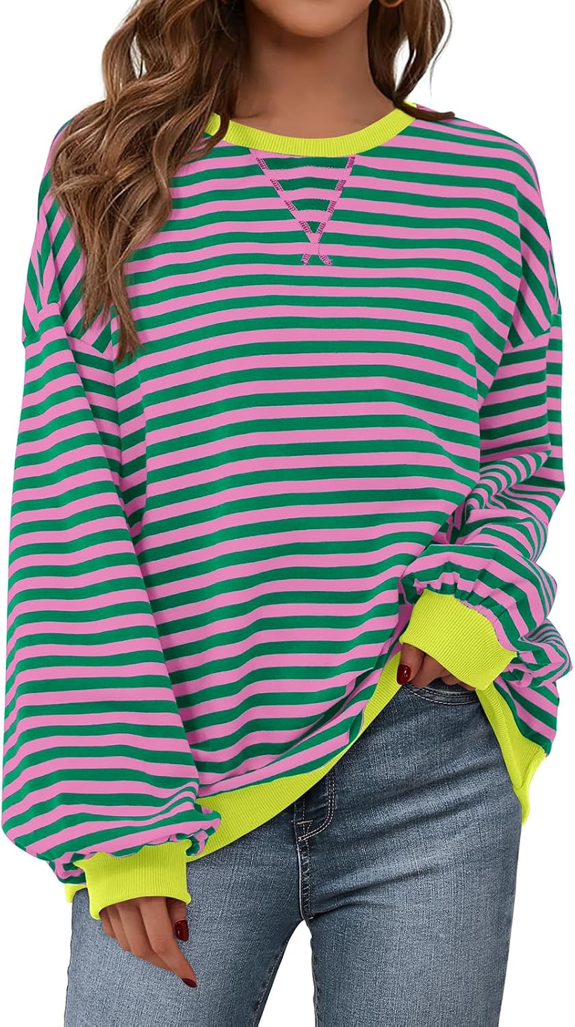 Womens Striped Oversized Sweatshirt Color Block Crew Neck Long Sleeve Casual Loose Pullover Top Y2K Clothes