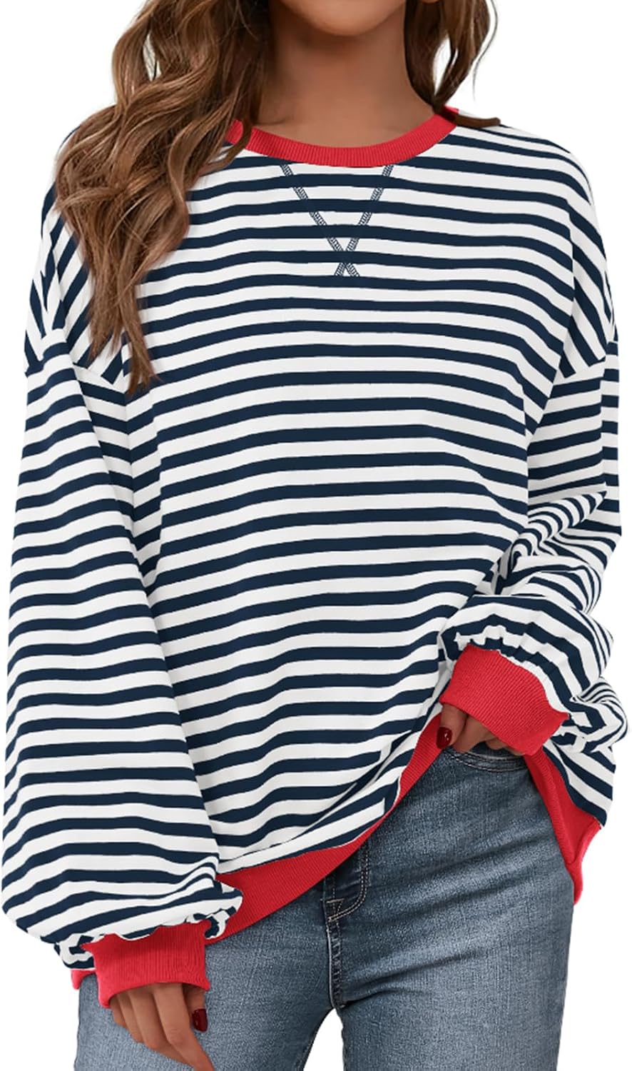 Womens Striped Oversized Sweatshirt Color Block Crew Neck Long Sleeve Casual Loose Pullover Top Y2K Clothes
