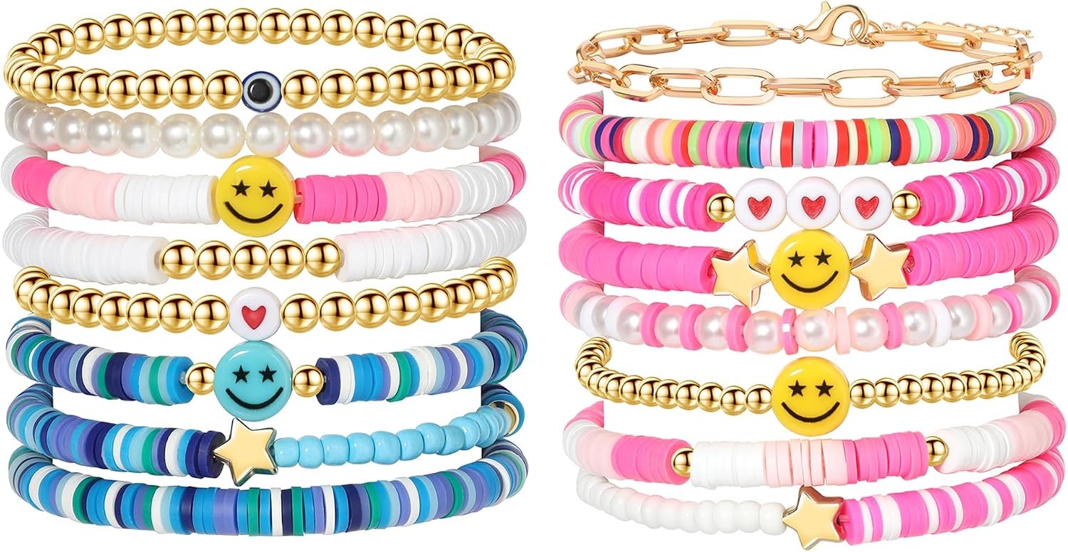 Colorful Smile Heart Star Bracelets Set - Polymer Clay Beaded Charm Jewelry for Women. Girls. Teens