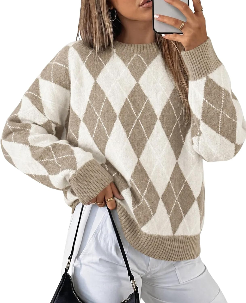 Womens Oversized Sweaters Long Sleeve Argyle Plaid Trendy Casual Fall Lightweight Knit Pullover Tops Brown