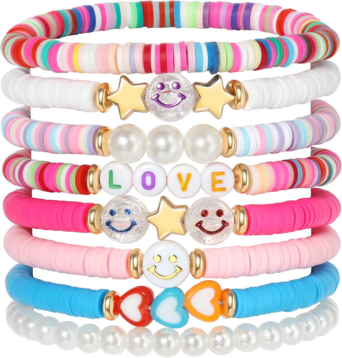 Colorful Smile Heart Star Bracelets Set - Polymer Clay Beaded Charm Jewelry for Women. Girls. Teens