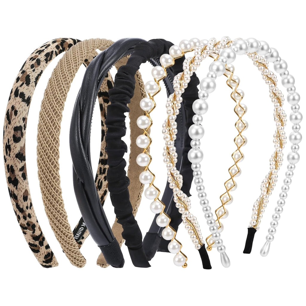 7 Pcs Pearl Headbands for Women. Non Slip Elegant Hair Bands Set | Mixed Style Headbands. Anti-Slip Comfort Fit. Pearl Faux Leather Padded Designs. for Weddings. Parties. and Daily Wear