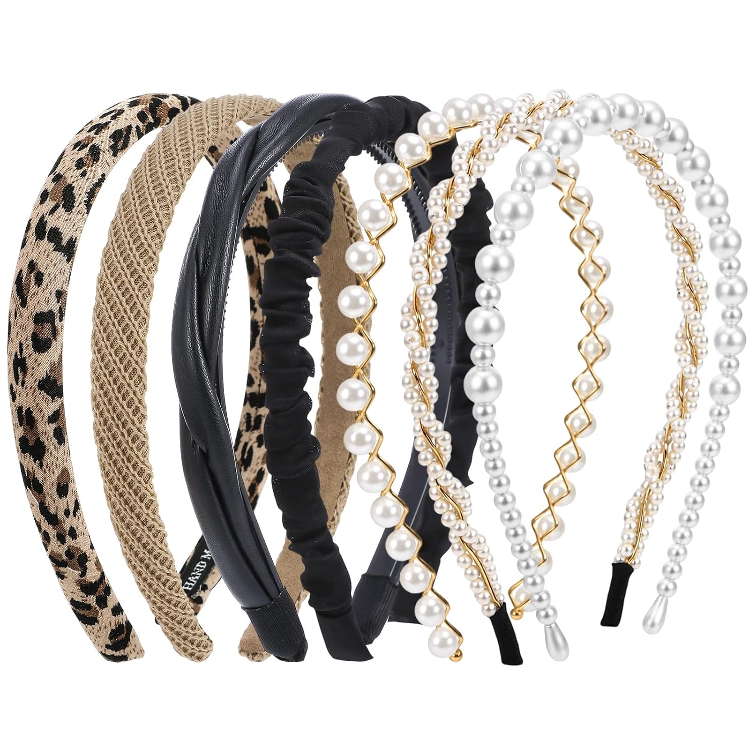 7 Pcs Pearl Headbands for Women. Non Slip Elegant Hair Bands Set | Mixed Style Headbands. Anti-Slip Comfort Fit. Pearl Faux Leather Padded Designs. for Weddings. Parties. and Daily Wear