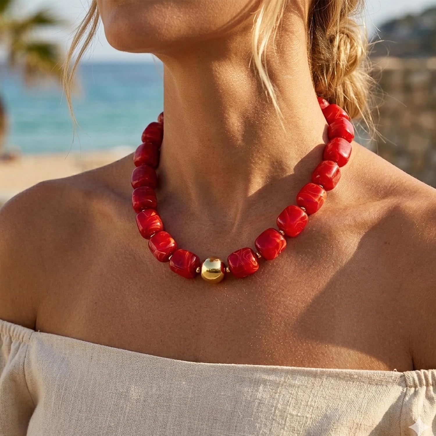 Chunky Beaded Choker Necklace for Women Deep Red Large Square Resin Beads Necklace Trendy Statement Chunky Necklaces Wedding Party Jewelry
