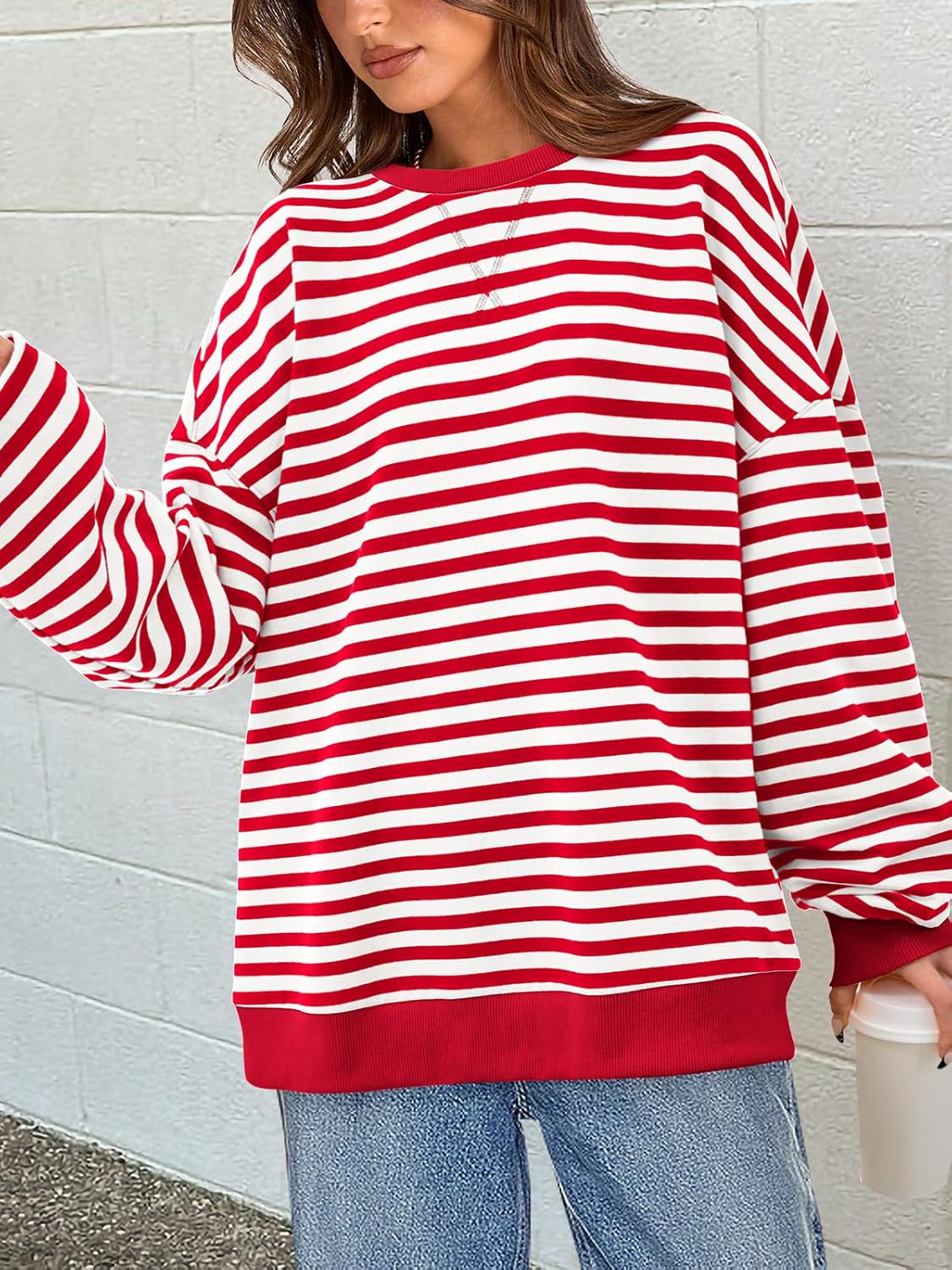 Womens Striped Oversized Sweatshirt Color Block Crew Neck Long Sleeve Casual Loose Pullover Top Y2K Clothes
