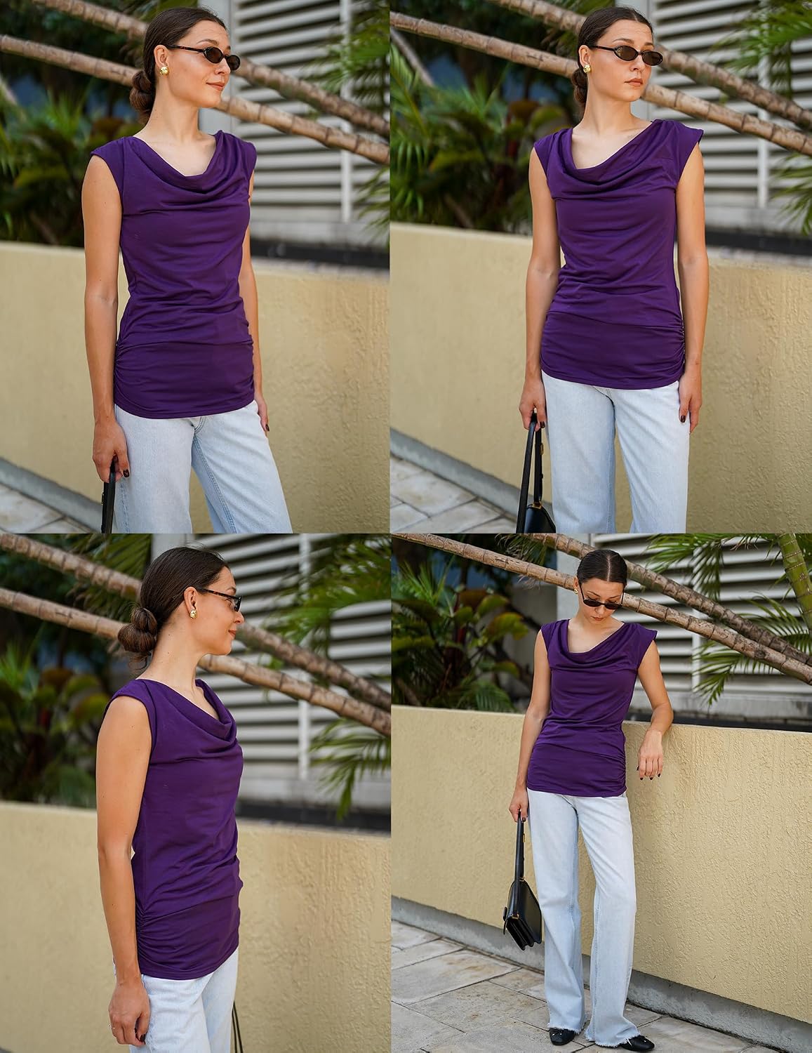 Women Ruched Cowl Neck Sleeveless Dress Blouse with Side Shirring Purple