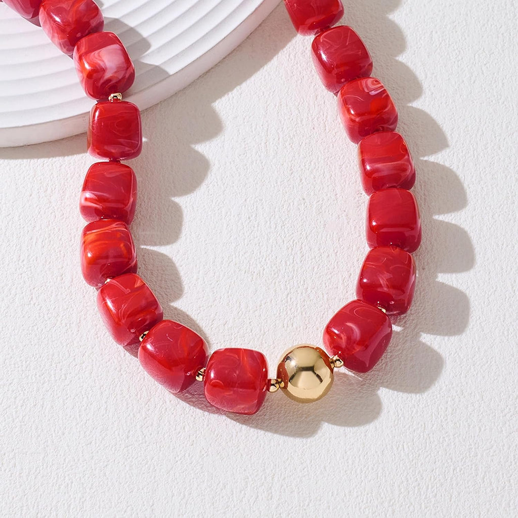 Chunky Beaded Choker Necklace for Women Deep Red Large Square Resin Beads Necklace Trendy Statement Chunky Necklaces Wedding Party Jewelry