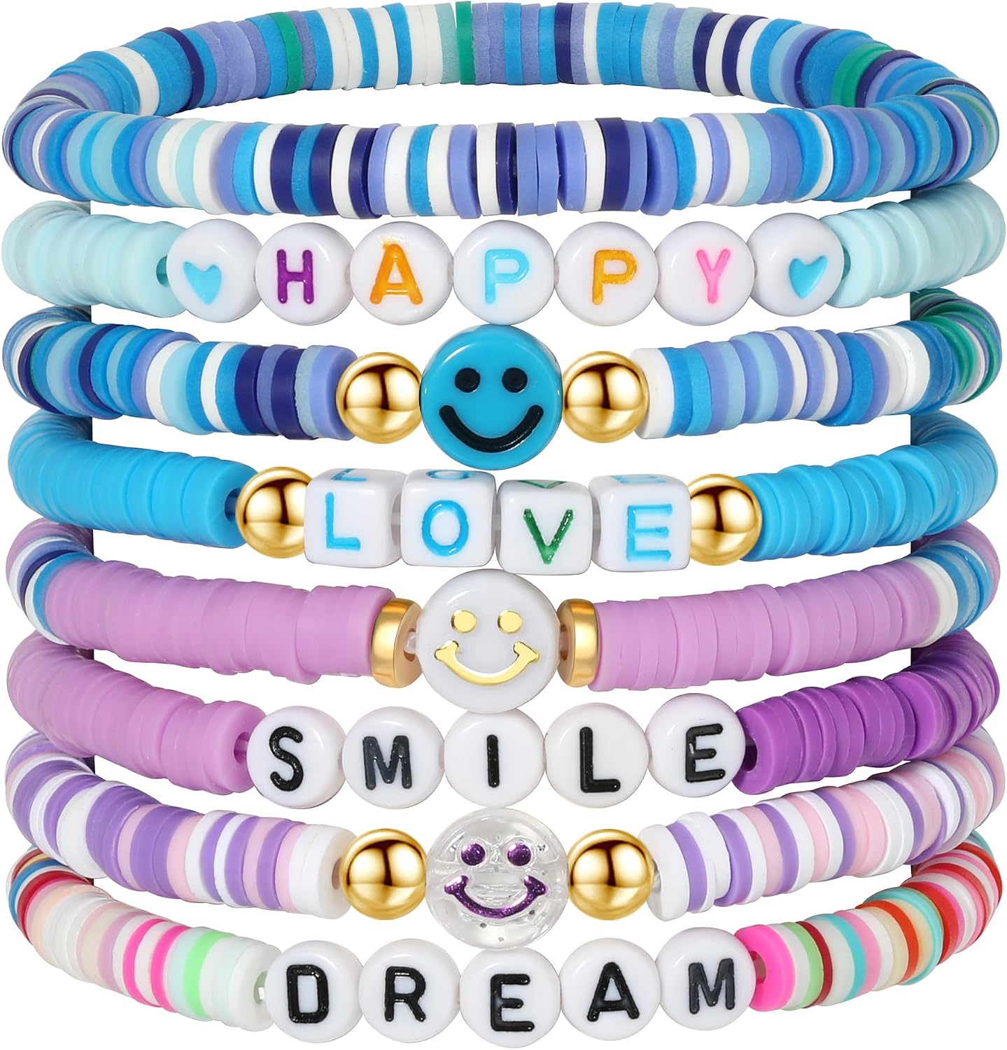 Colorful Smile Heart Star Bracelets Set - Polymer Clay Beaded Charm Jewelry for Women. Girls. Teens
