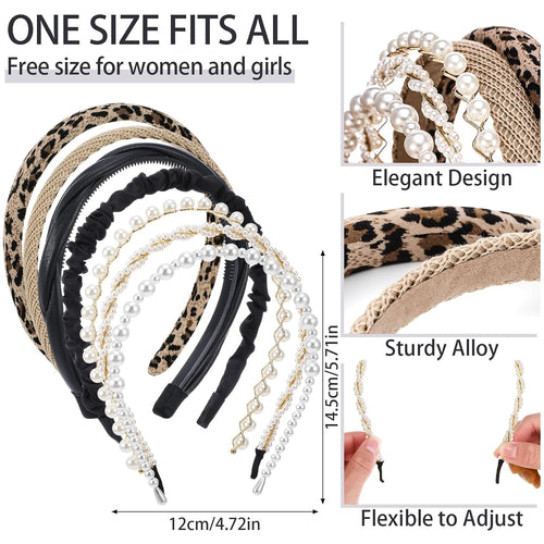 7 Pcs Pearl Headbands for Women. Non Slip Elegant Hair Bands Set | Mixed Style Headbands. Anti-Slip Comfort Fit. Pearl Faux Leather Padded Designs. for Weddings. Parties. and Daily Wear