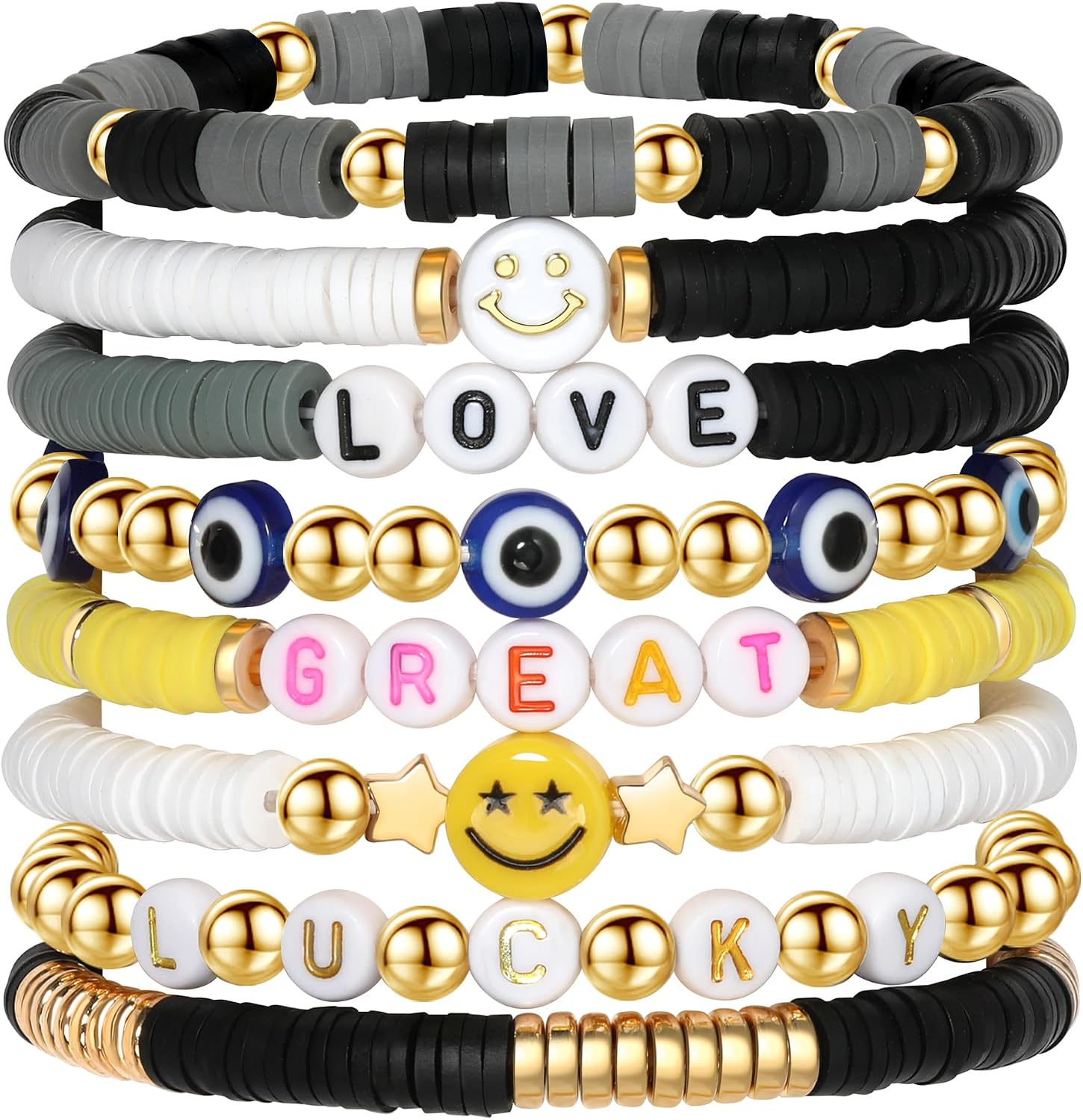 Colorful Smile Heart Star Bracelets Set - Polymer Clay Beaded Charm Jewelry for Women. Girls. Teens