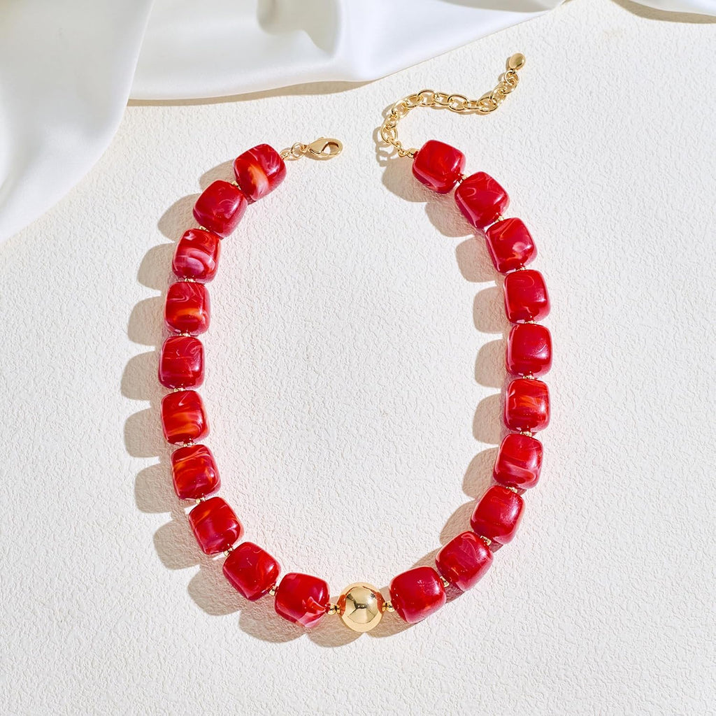 Chunky Beaded Choker Necklace for Women Deep Red Large Square Resin Beads Necklace Trendy Statement Chunky Necklaces Wedding Party Jewelry
