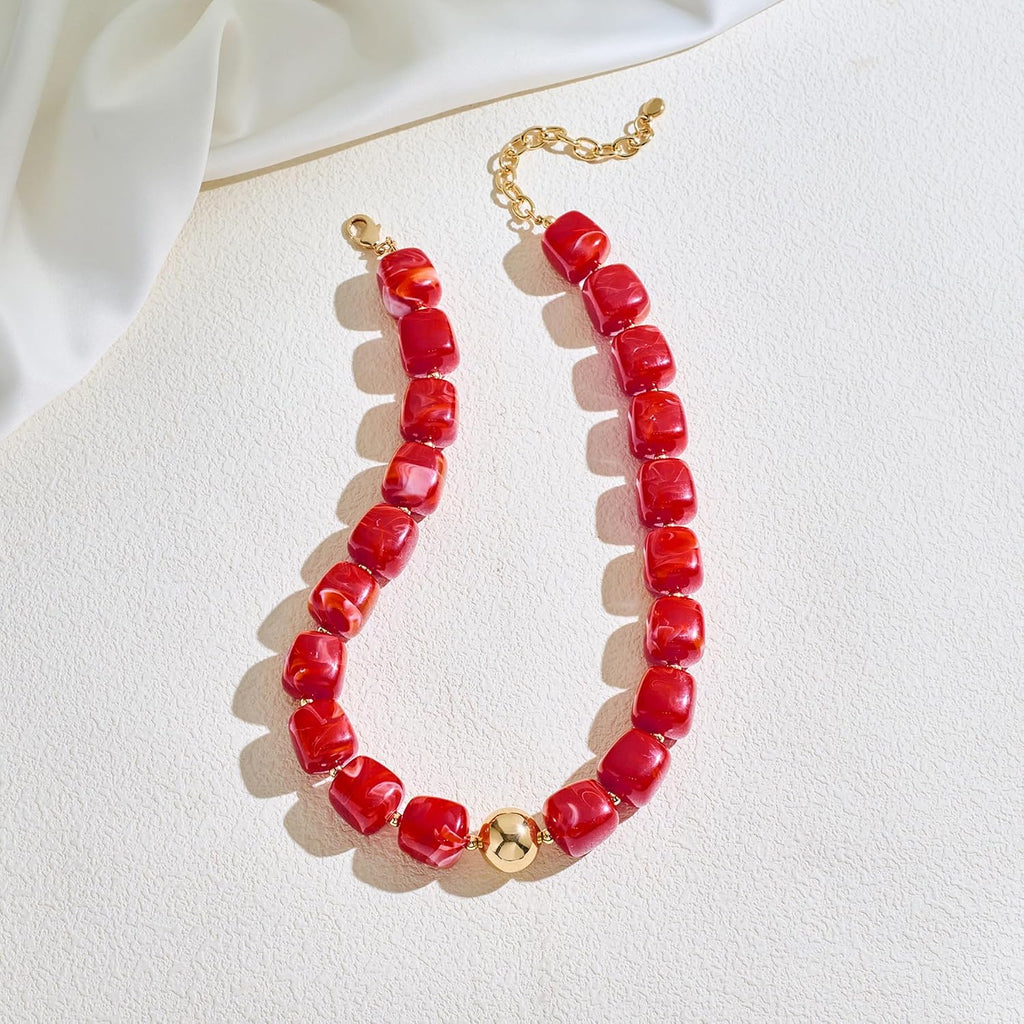 Chunky Beaded Choker Necklace for Women Deep Red Large Square Resin Beads Necklace Trendy Statement Chunky Necklaces Wedding Party Jewelry