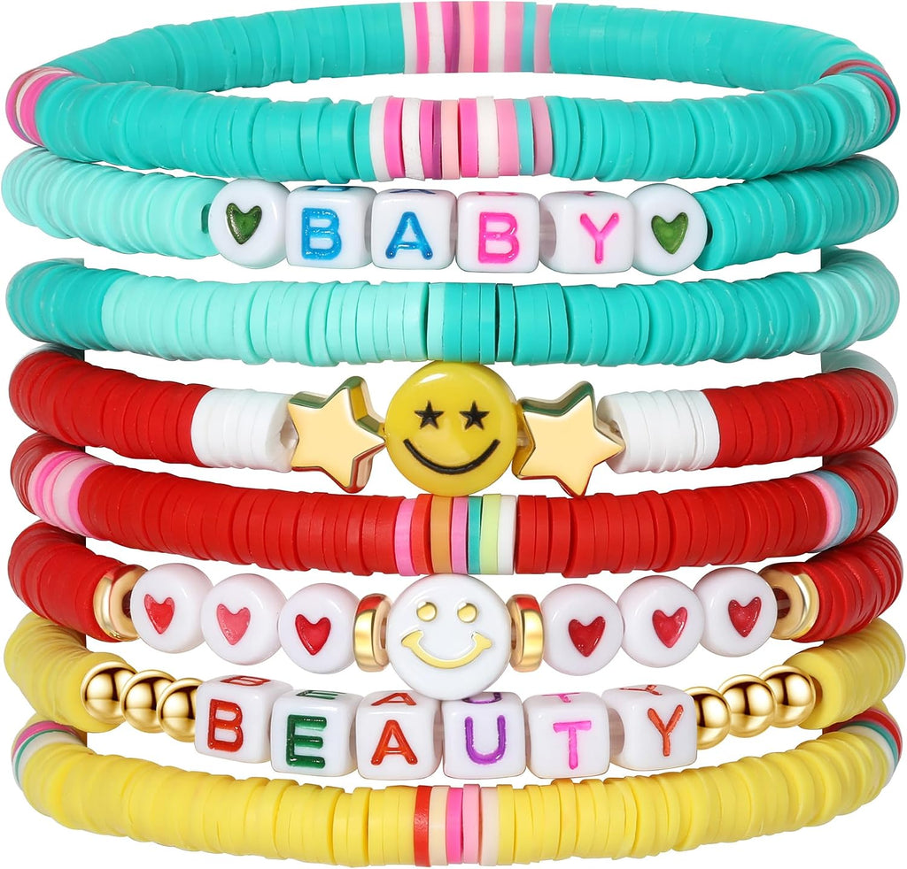 Colorful Smile Heart Star Bracelets Set - Polymer Clay Beaded Charm Jewelry for Women. Girls. Teens